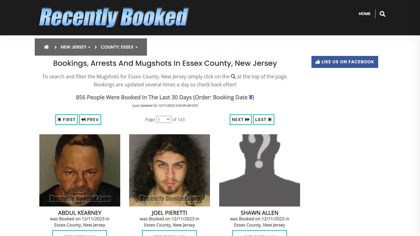 Bookings, Arrests and Mugshots in Essex County, New Jersey